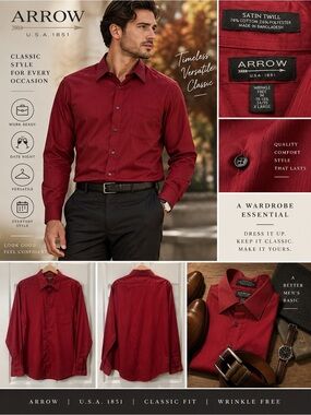 Arrow Men’s M Red Satin Twill Dress Shirt Wrinkle Free Long Sleeve Holiday
